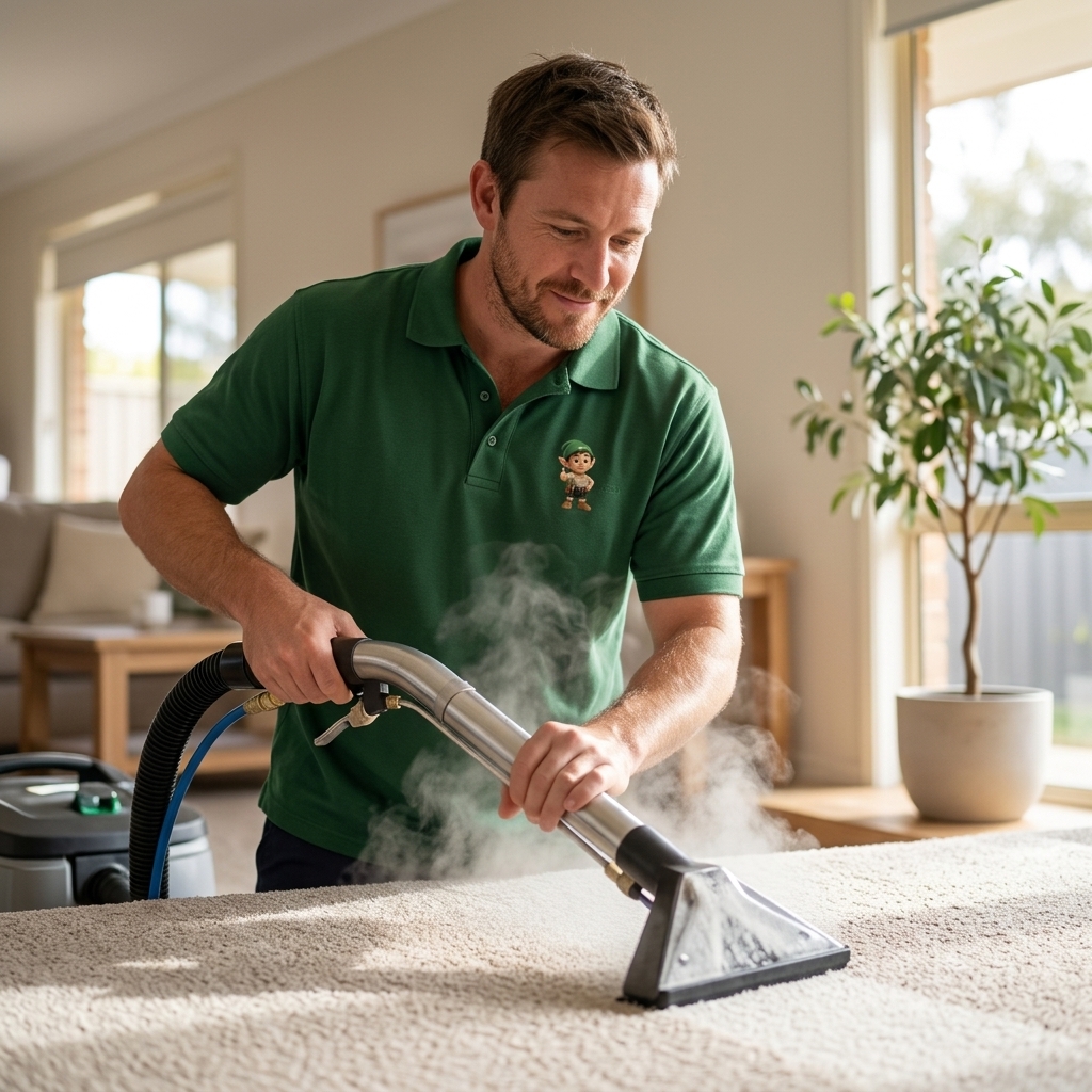 A HireJuno cleaner part way through a carpet cleaning job in a Melbourne home