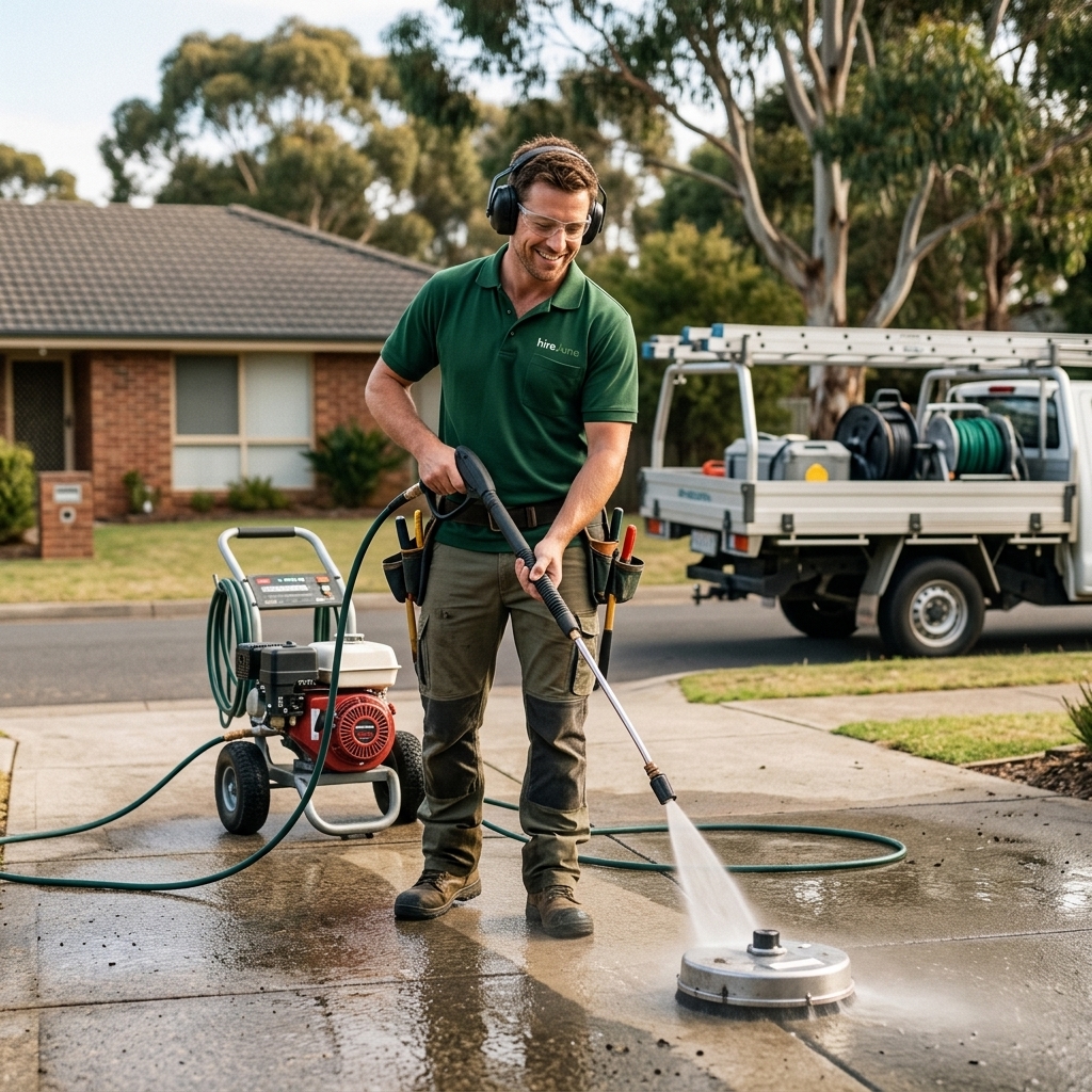 A HireJuno cleaner part way through a pressure washing job in a Melbourne home