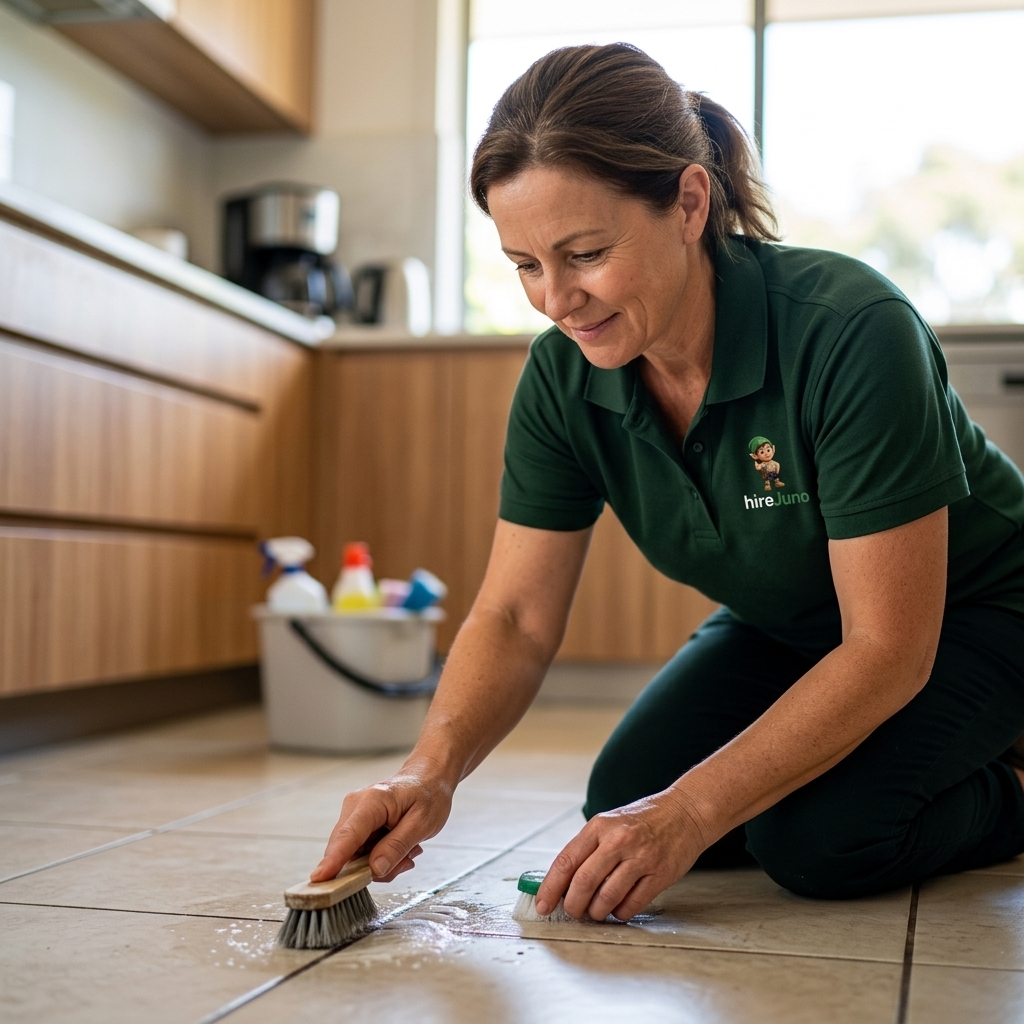 A HireJuno cleaner part way through a tile & grout cleaning job in a Melbourne home