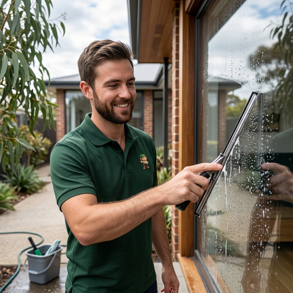 A HireJuno cleaner part way through a window cleaning job in a Melbourne home