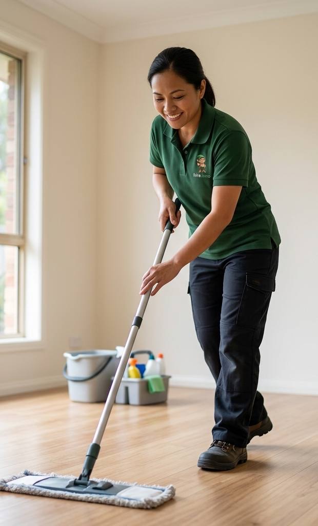 End of lease clean in progress, mopping floorboards in an empty rental