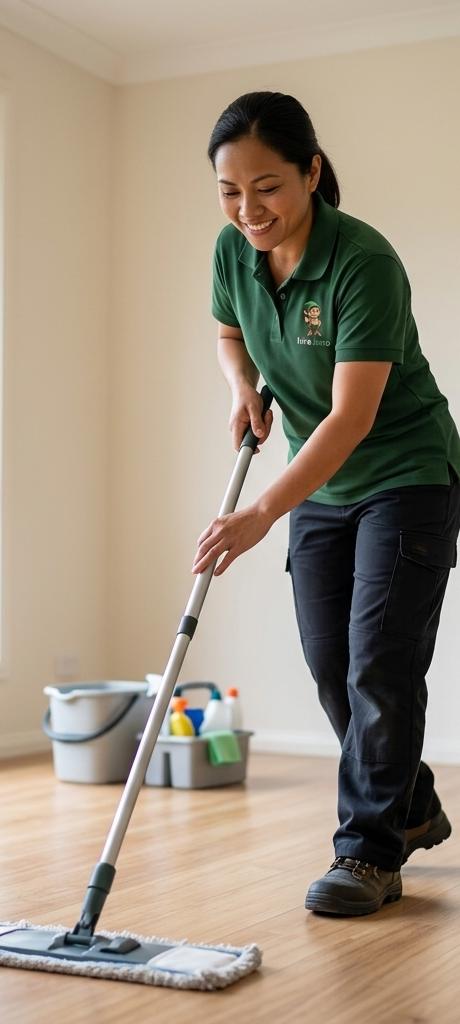 A HireJuno cleaner mopping floorboards during an end of lease clean