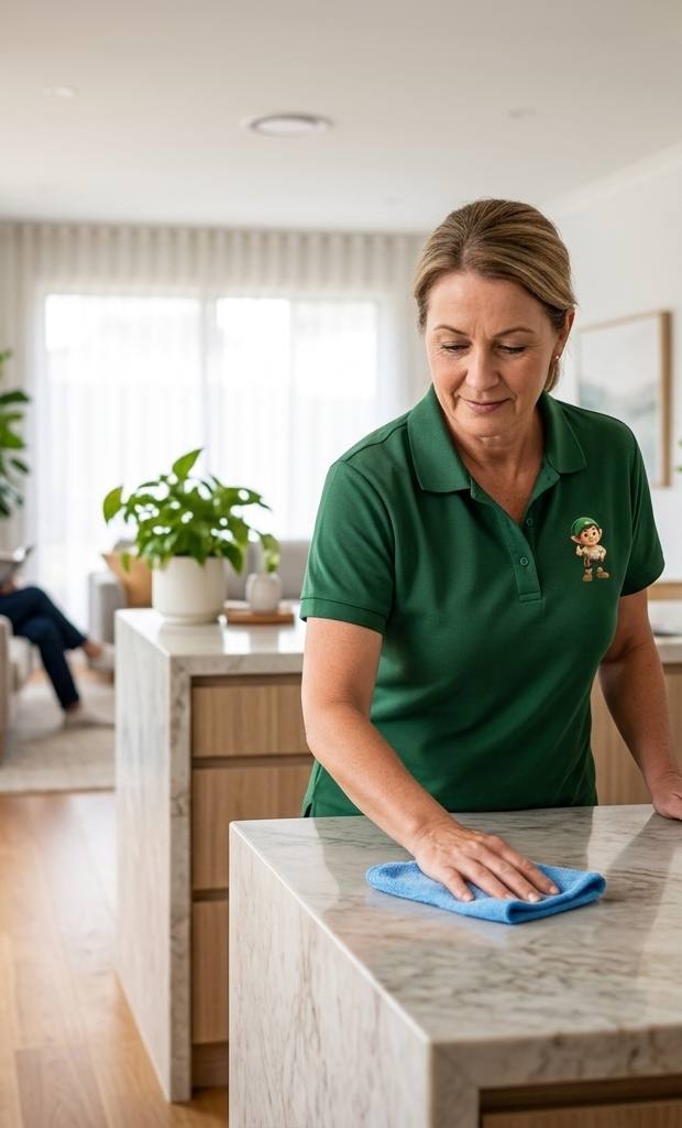 A HireJuno cleaner wiping a kitchen benchtop during a regular house clean