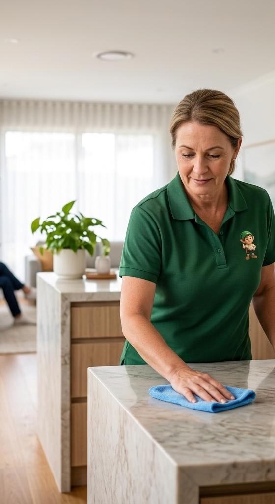A HireJuno cleaner wiping down a kitchen benchtop in a Melbourne home