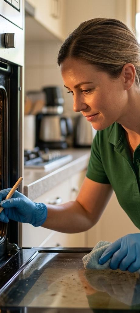 A HireJuno pro cleaning an oven in a home kitchen