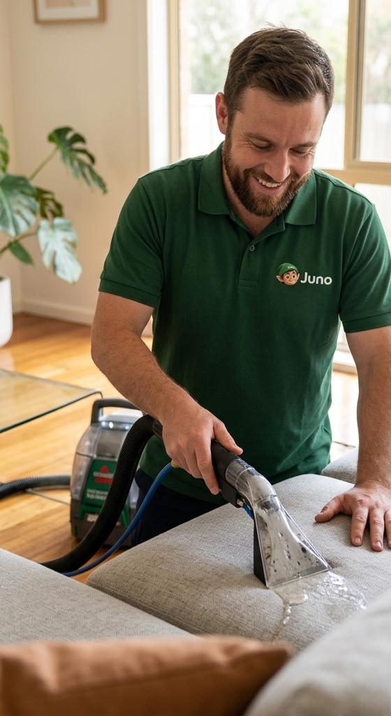 A HireJuno pro carrying out upholstery cleaning
